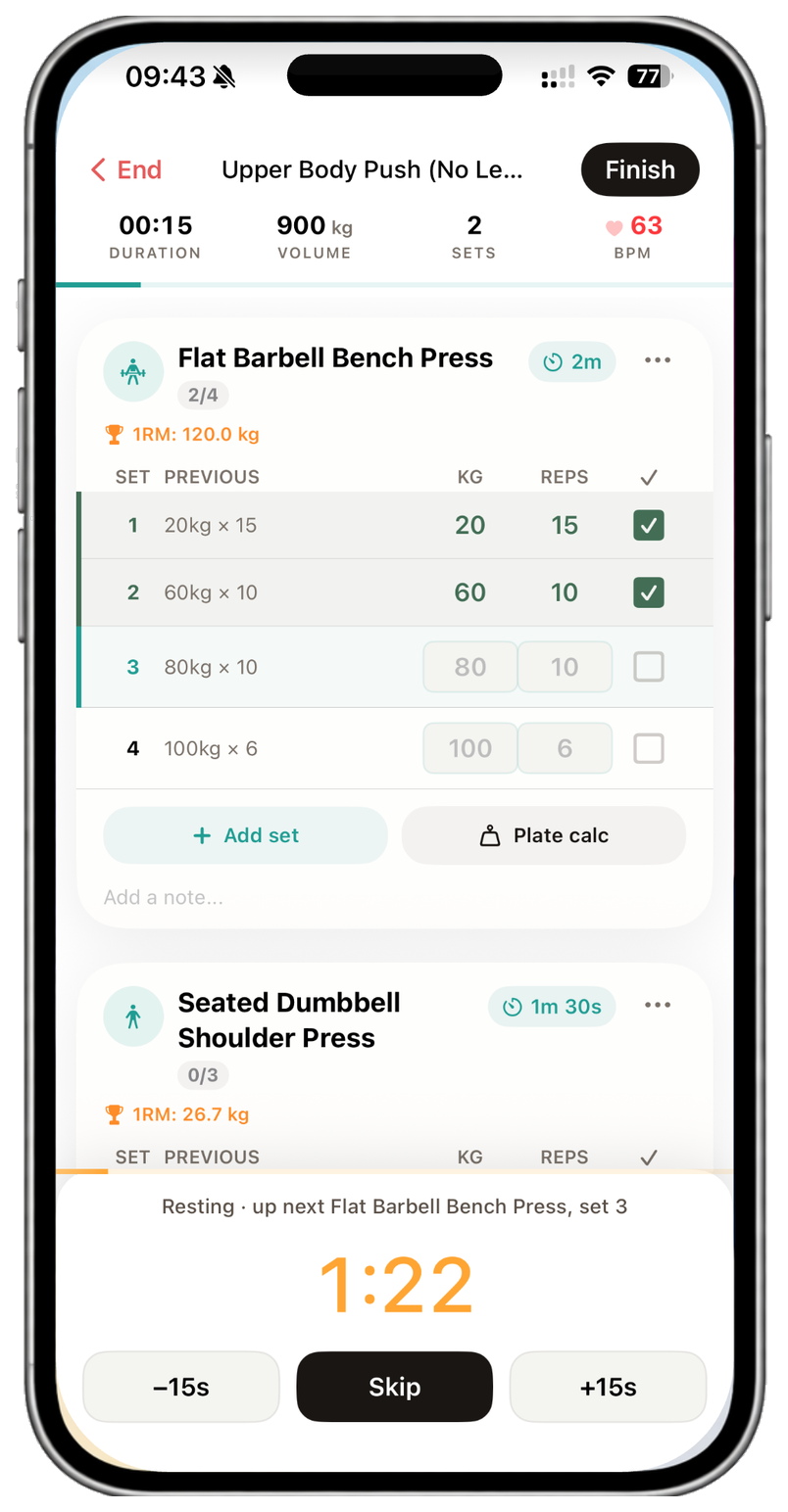 NutraSafe's live workout session screen showing a flat barbell bench press set with a 120kg rolling 1RM, a rest timer and a plate calculator button