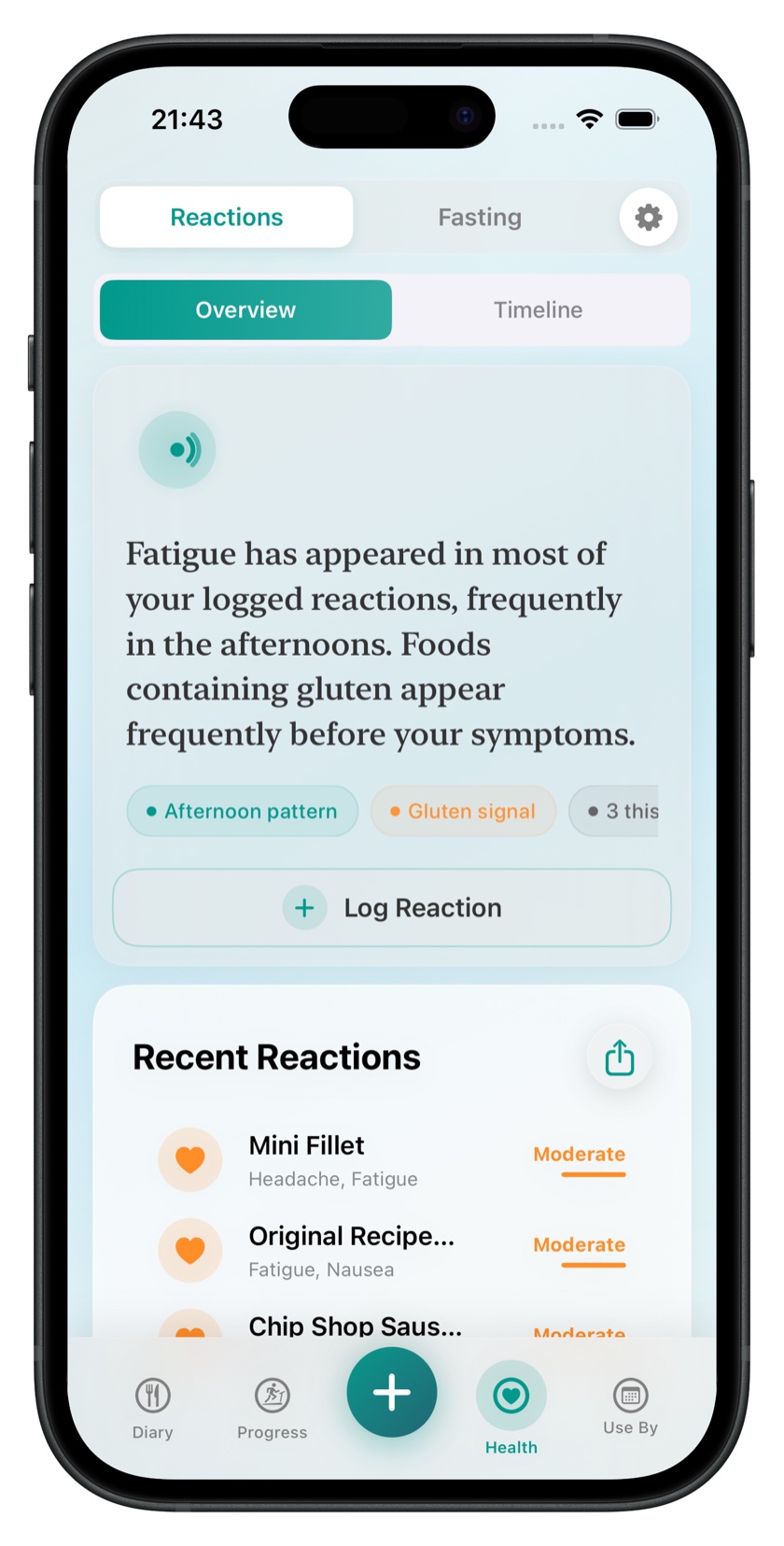 NutraSafe reaction tracker showing food patterns