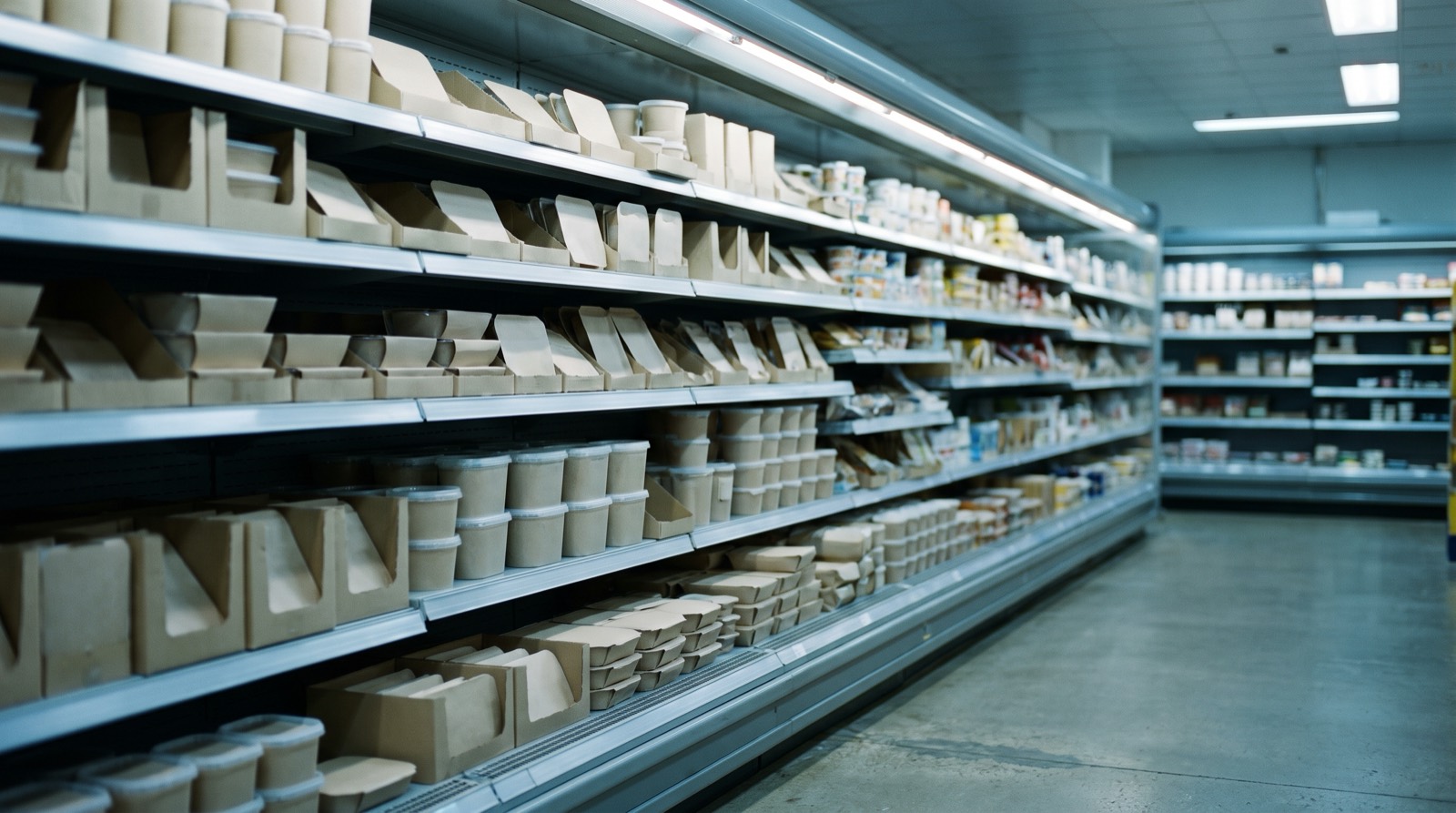A UK supermarket aisle of packaged own-brand food, shelves receding into soft focus