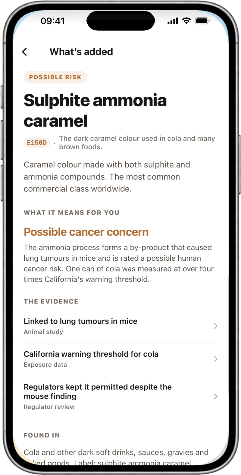 NutraSafe additive card for sulphite ammonia caramel E150d: what it is, what it means for you with a possible cancer concern, and the evidence rows for the mouse study, the California warning threshold and the regulator review