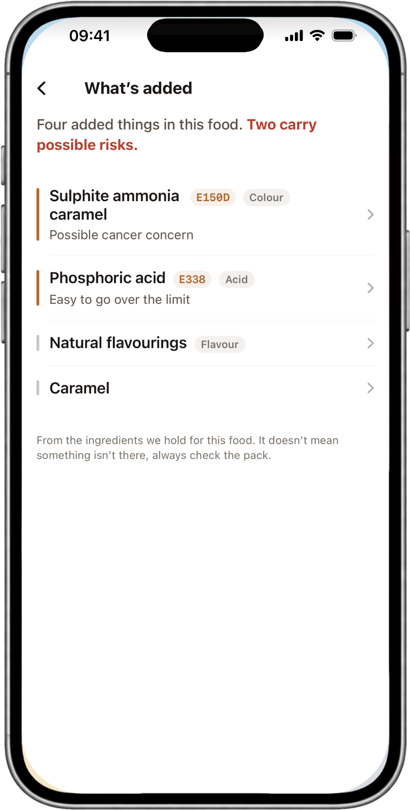 NutraSafe What's added list for Coca-Cola: four added things, two carry possible risks, sulphite ammonia caramel E150d with a possible cancer concern, phosphoric acid E338 easy to go over the limit, natural flavourings and caramel