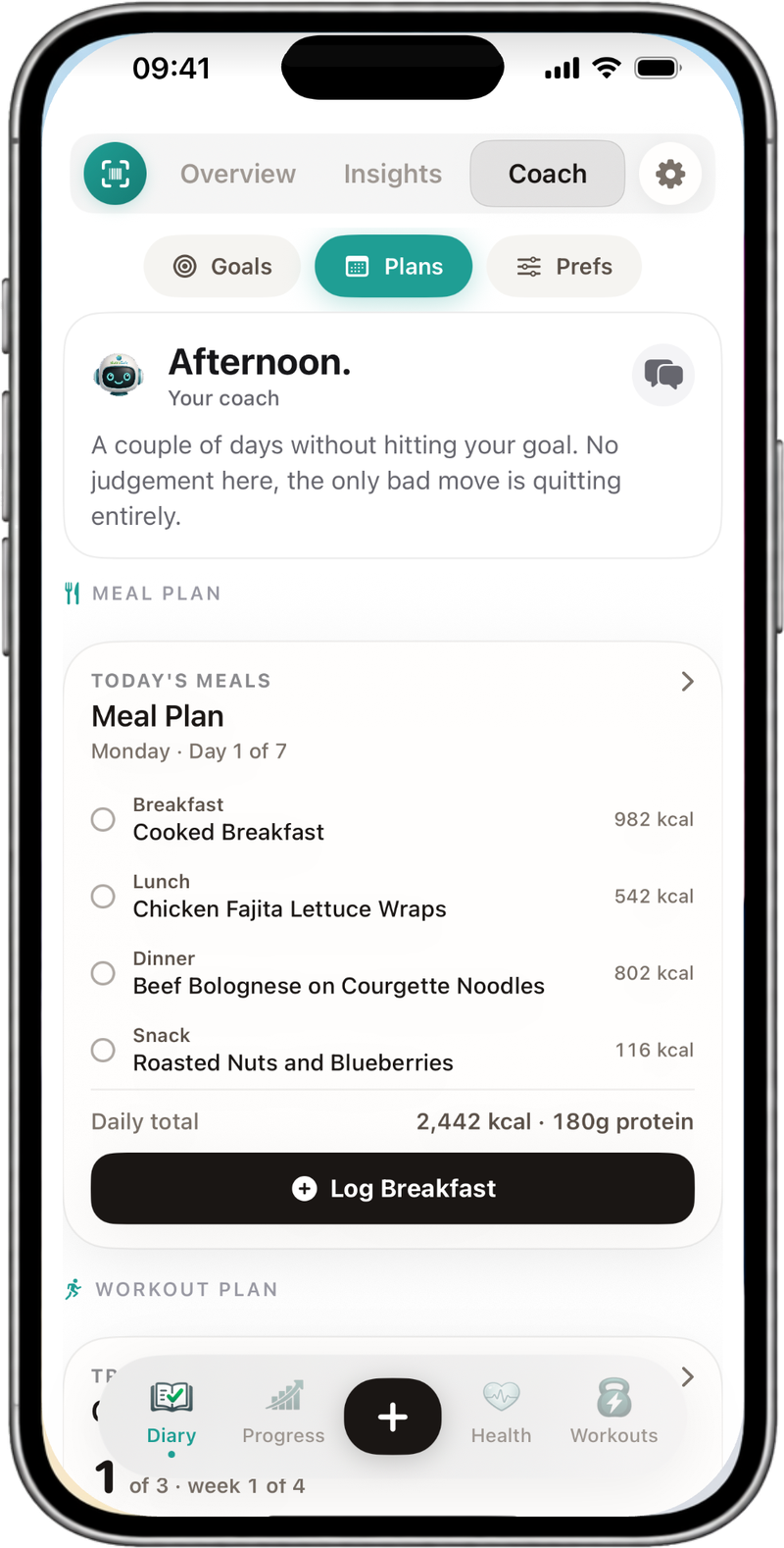 NutraSafe Coach, Plans tab: a greeting from the coach, then Today's meals from a seven-day meal plan with cooked breakfast, chicken fajita lettuce wraps, beef bolognese on courgette noodles and roasted nuts and blueberries, 2,442 kcal and 180g protein, a Log Breakfast button and the workout plan