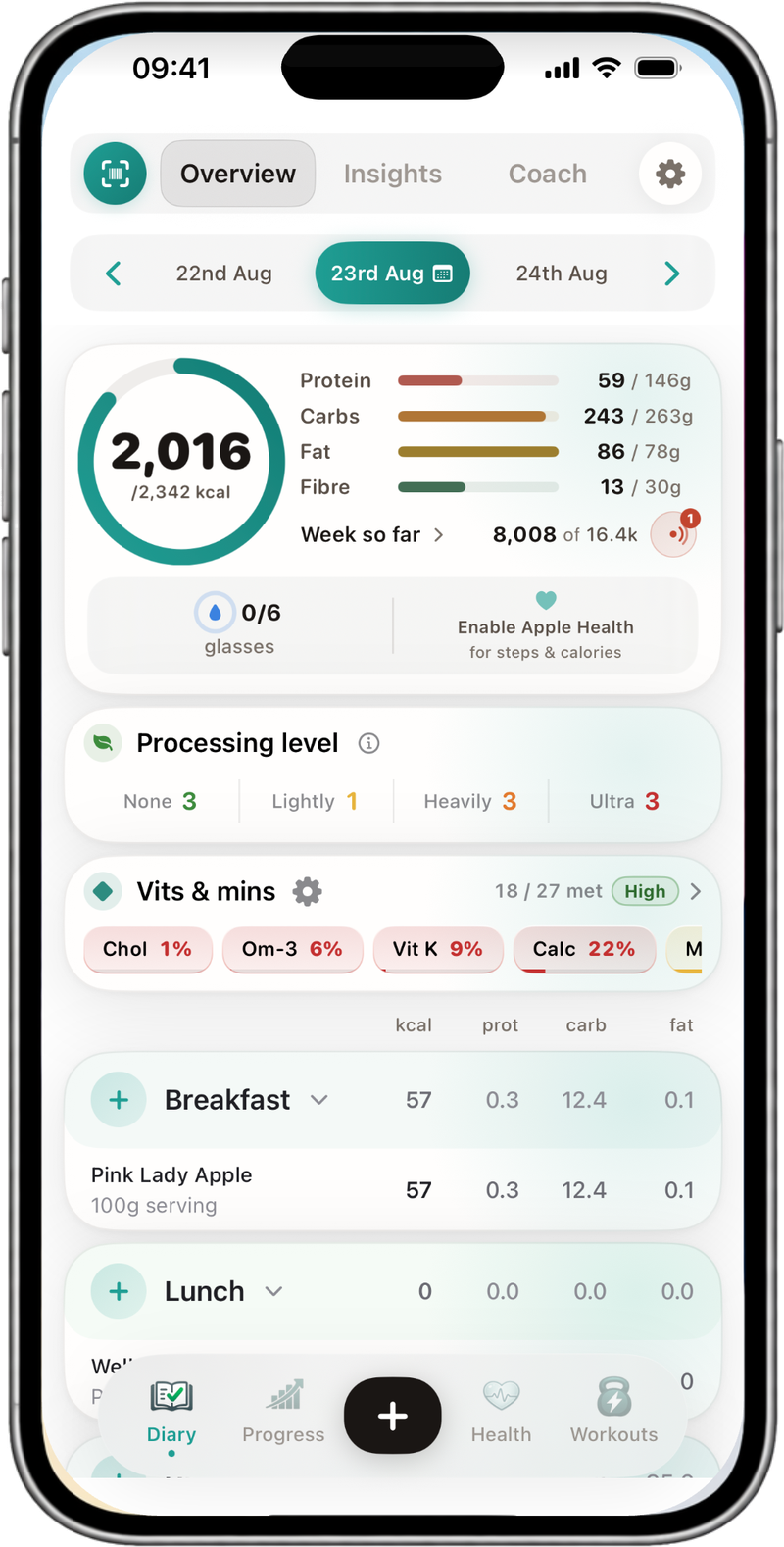 NutraSafe diary for 23 August: 2,016 of 2,342 kcal, protein 59 of 146g, carbs, fat and fibre bars, water 0 of 6 glasses, Processing level card, Vits and mins 18 of 27 met, then the breakfast row