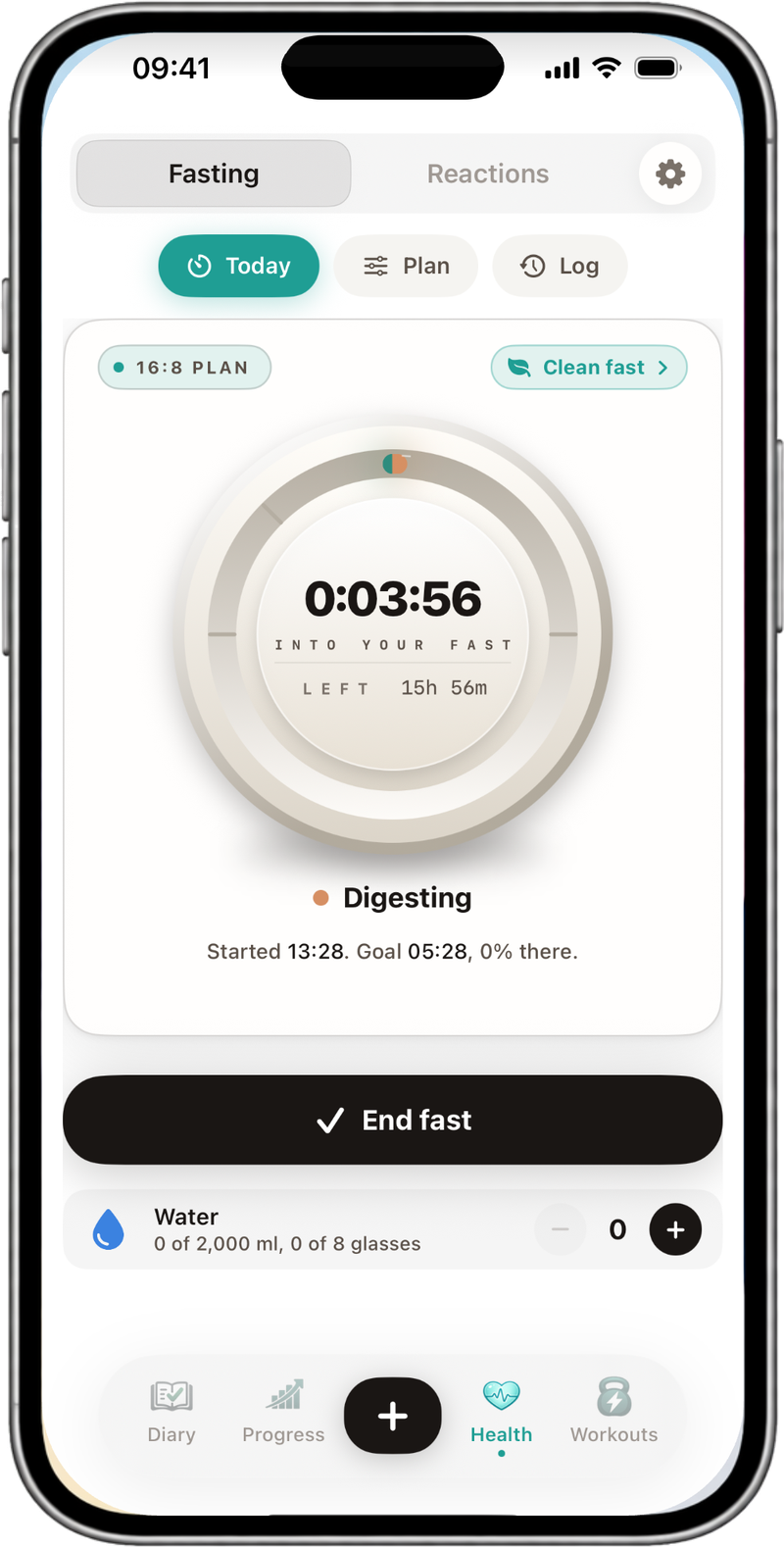 NutraSafe fasting timer on a 16:8 plan: 3 minutes 56 seconds into the fast, 15 hours 56 minutes left, Digesting stage, started 13:28 with the goal at 05:28, End fast button and a water row
