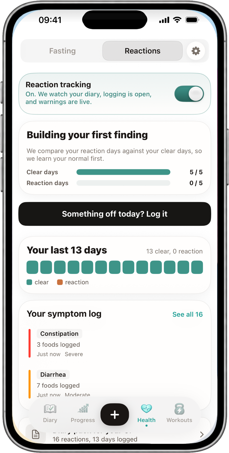 NutraSafe Health tab, Reactions: reaction tracking on, Building your first finding with clear days 5 of 5 and reaction days 0 of 5, a Something off today button, the last 13 days all clear, and the symptom log