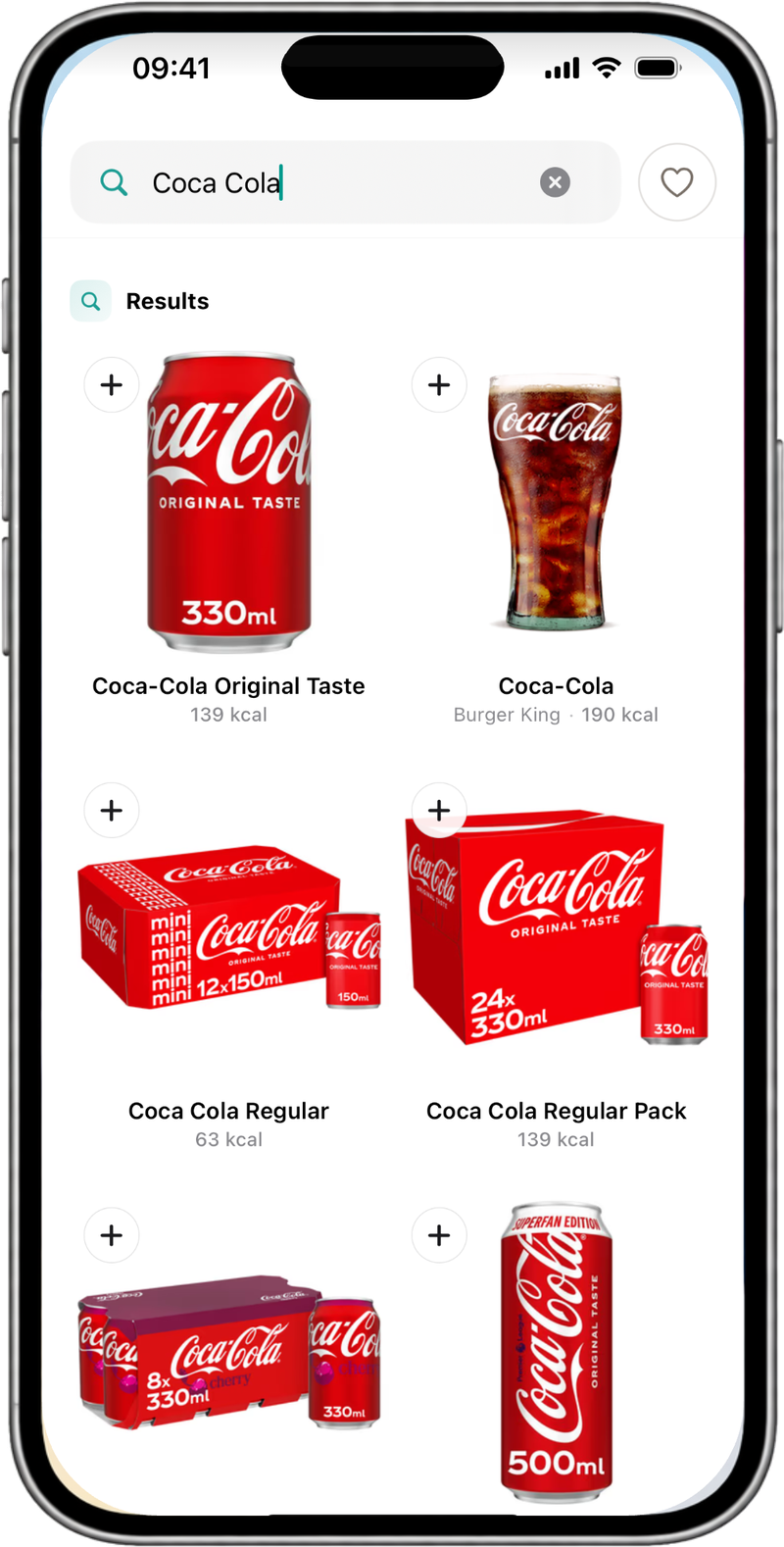 NutraSafe search results for Coca Cola: a two-column grid of pack photos with Coca-Cola Original Taste 139 kcal, Coca-Cola from Burger King, Coca Cola Regular and the Regular Pack, each with an add button