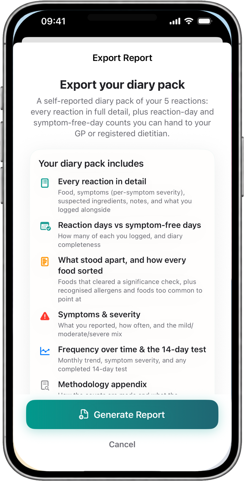NutraSafe Export your diary pack screen: a self-reported diary pack of your 5 reactions. Your diary pack includes every reaction in detail, reaction days vs symptom-free days, what stood apart and how every food sorted, symptoms and severity, frequency over time and the 14-day test, and a methodology appendix explaining how the counts are made. Generate Report button