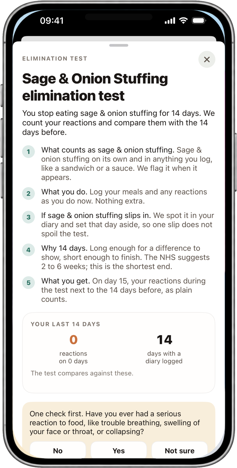 NutraSafe elimination test sheet: Sage & Onion Stuffing elimination test. You stop eating sage and onion stuffing for 14 days, we count your reactions and compare them with the 14 days before. Five numbered steps, your last 14 days showing 0 reactions on 0 days and 14 days with a diary logged, and a check asking whether you have ever had a serious reaction to food