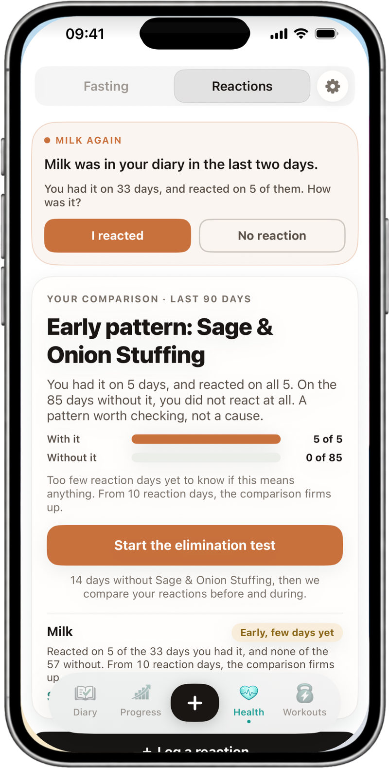 NutraSafe Reactions screen: Your comparison, last 90 days. Early pattern: Sage & Onion Stuffing. You had it on 5 days, and reacted on all 5. On the 85 days without it, you did not react at all. A pattern worth checking, not a cause. Two bars, with it 5 of 5 and without it 0 of 85, above a button to start the elimination test