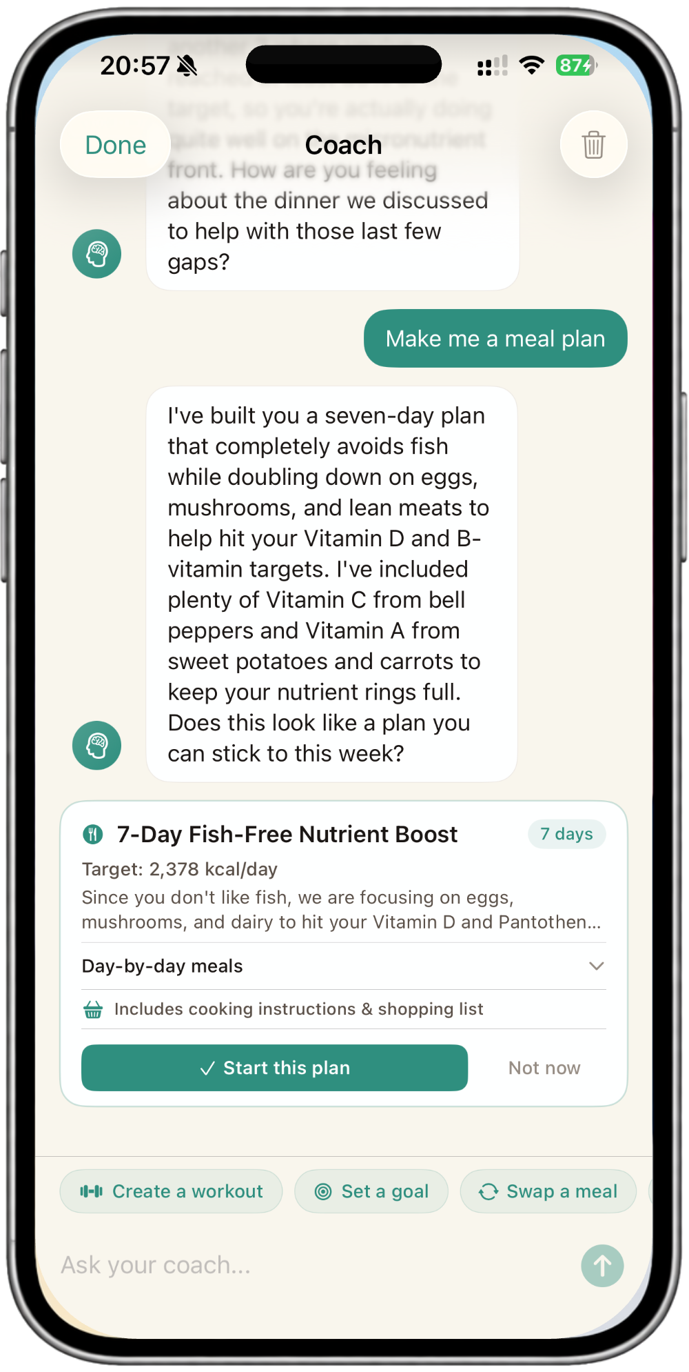 NutraSafe Coach chat showing a generated 7-day Fish-Free Nutrient Boost meal plan with a Start this plan button