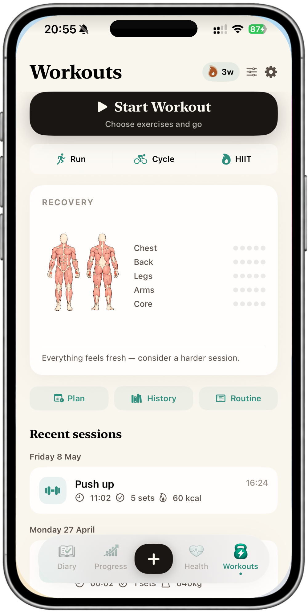 NutraSafe Workouts tab showing a body recovery diagram and recent push-up session