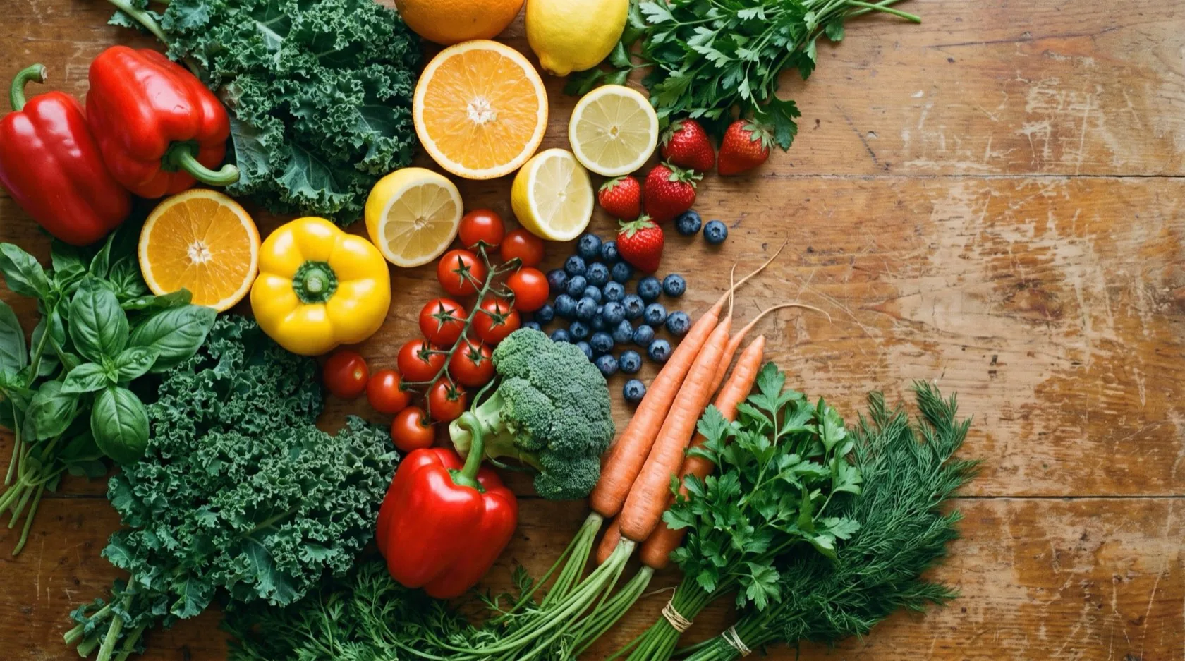 Colourful vitamin-rich produce tagged with the vitamins each provides: red pepper 190% of daily Vitamin C, kale a day's Vitamin K, carrots rich in Vitamin A