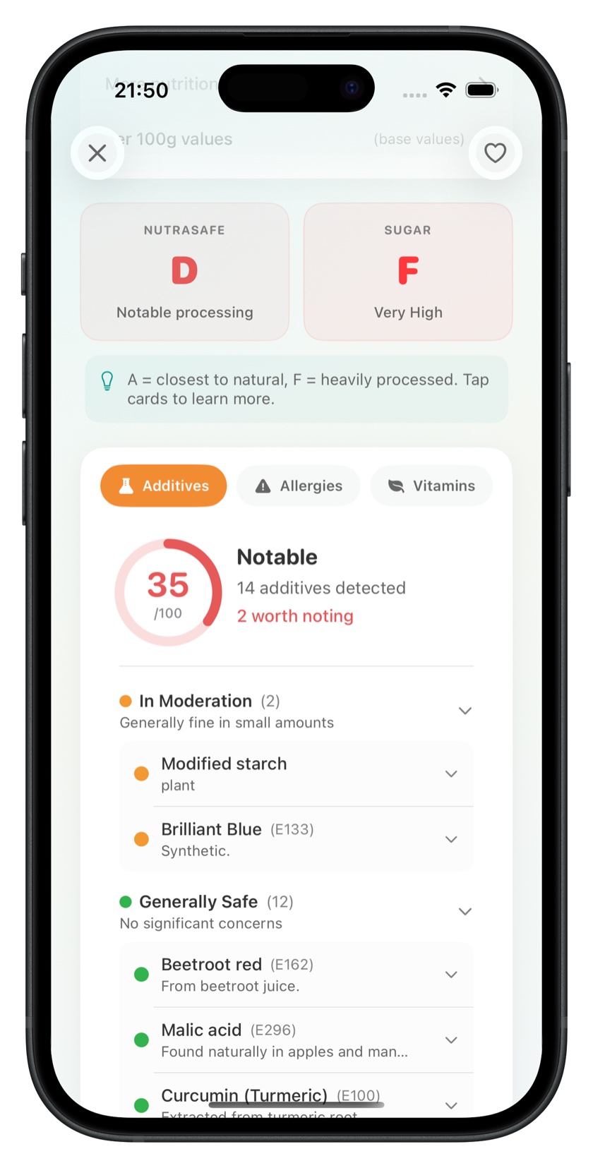 NutraSafe showing ingredient analysis and E-numbers