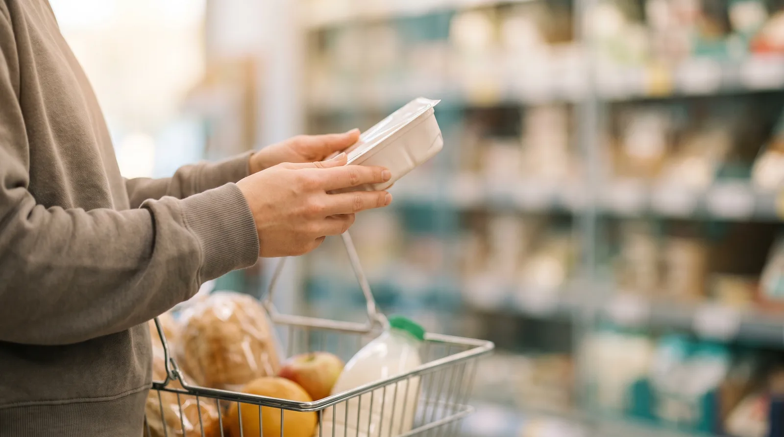 Hands turning over a chilled food pack to read the back of it, a shopping basket below, the supermarket aisle behind out of focus.