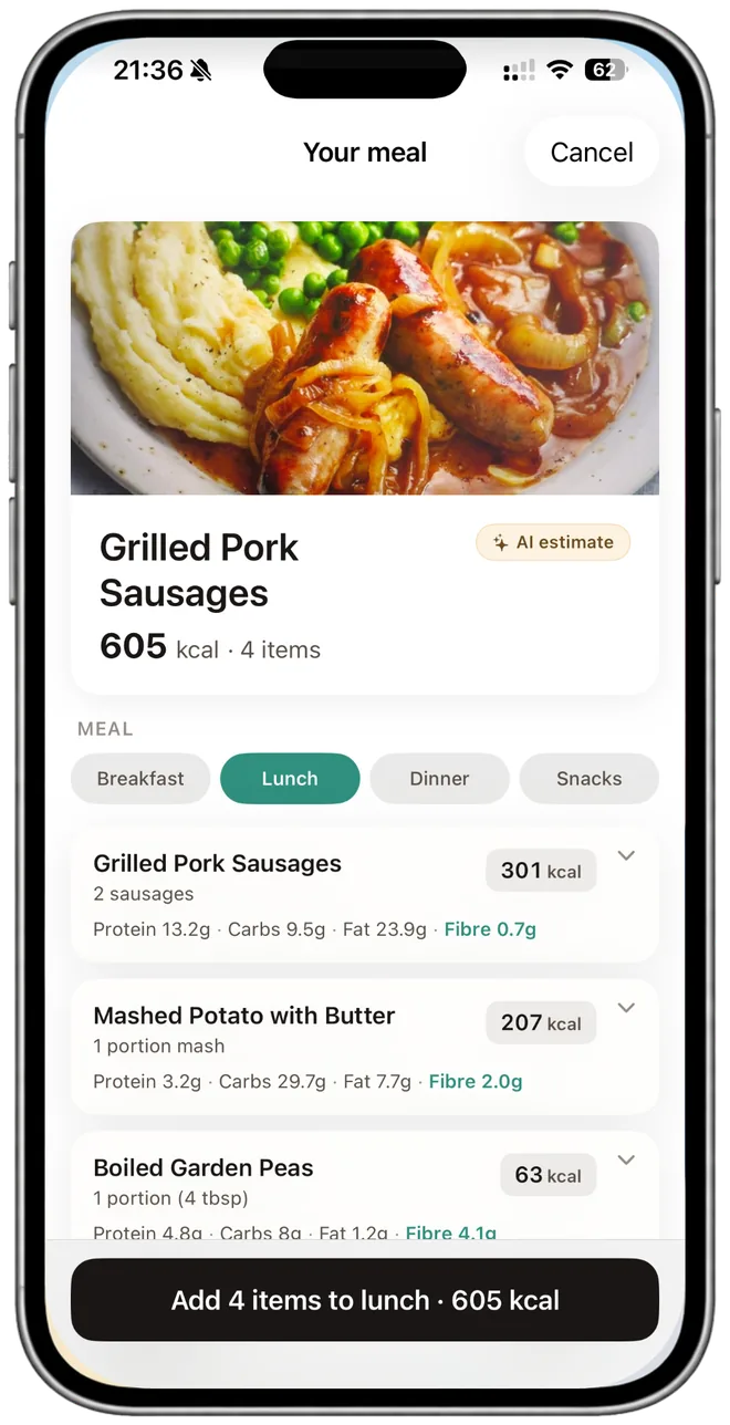 NutraSafe AI meal scan on iPhone: a photo of sausages, mash and peas identified as four items with an AI-estimated 605 kcal.