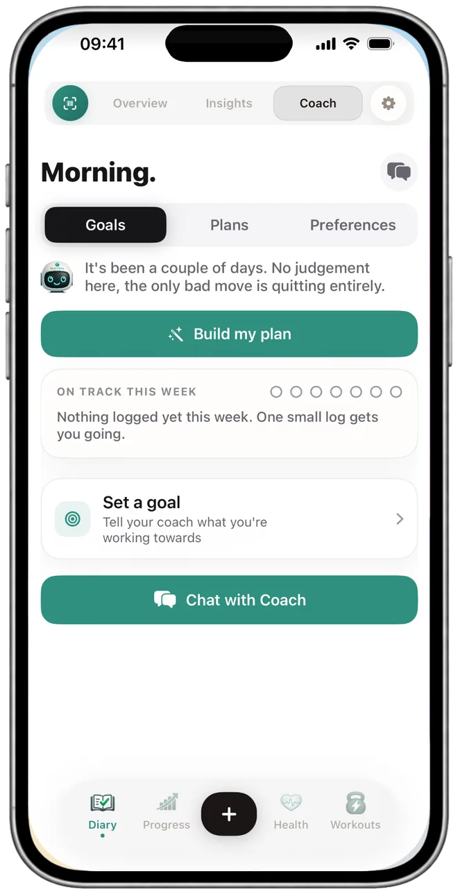 The NutraSafe AI Coach on iPhone: a supportive check-in, a 'Build my plan' button, and goal and chat options.
