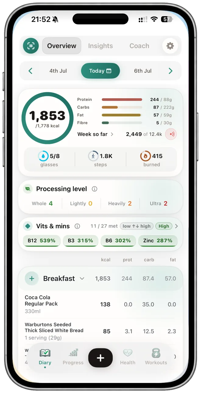 The NutraSafe diary on iPhone: a day's calories in a ring, macros, processing levels and a logged breakfast.