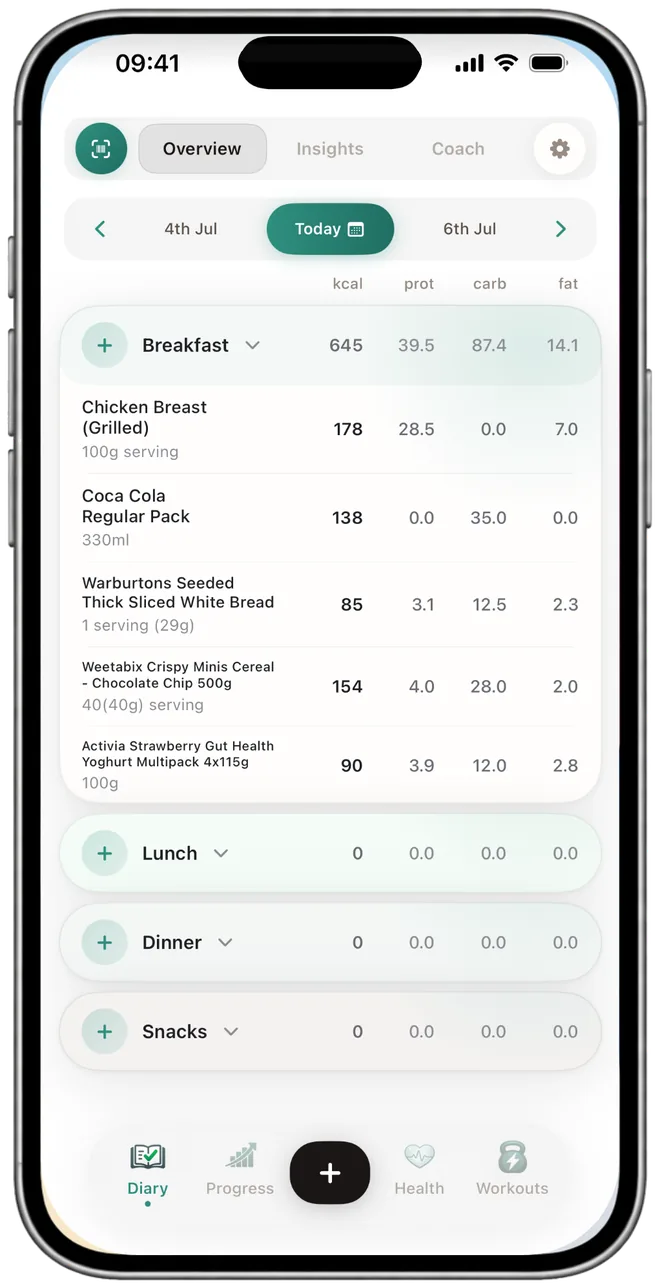 NutraSafe food diary for the day showing a processed-food breakdown, a vitamins and minerals strip, and a list of logged foods with calories and macros