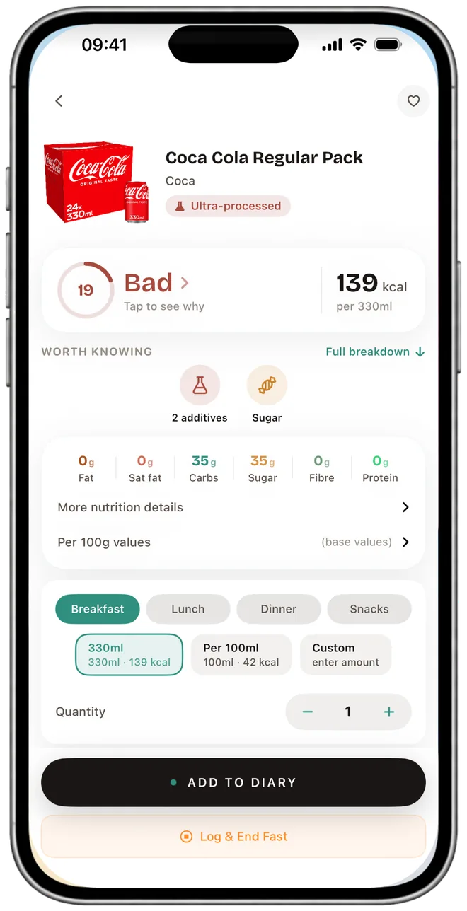 NutraSafe food detail for a can of Coca-Cola: flagged ultra-processed, two additives and a sugar watch-out, 139 kcal per 330ml, and the nutrition panel showing 35g of sugar.