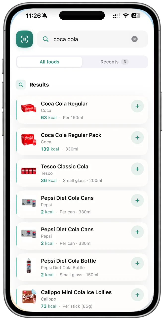 NutraSafe food search on iPhone: a search for coca cola returning UK products with pack photos, each with its calories and the portion the figure refers to.