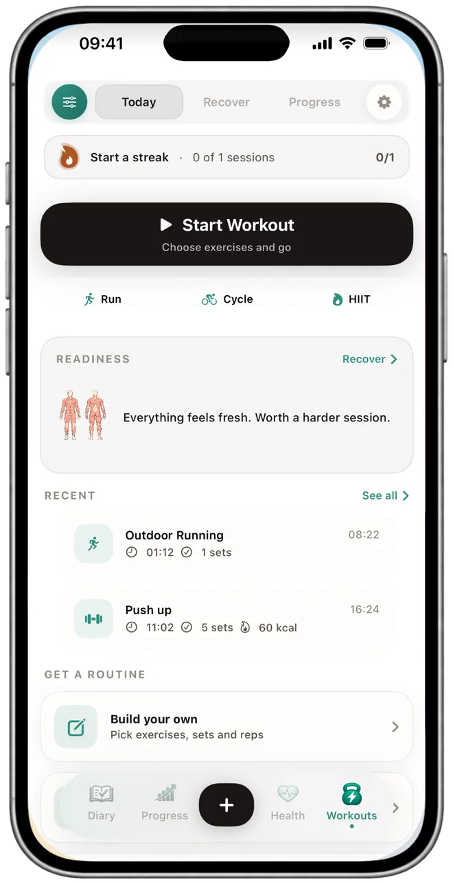The NutraSafe workouts screen with recent training and a readiness note.
