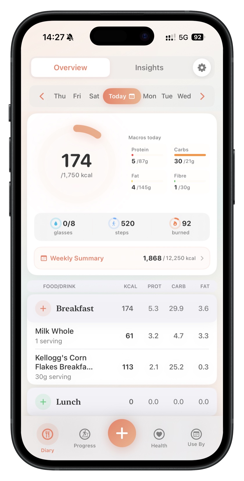 NutraSafe food diary app showing daily meal tracking