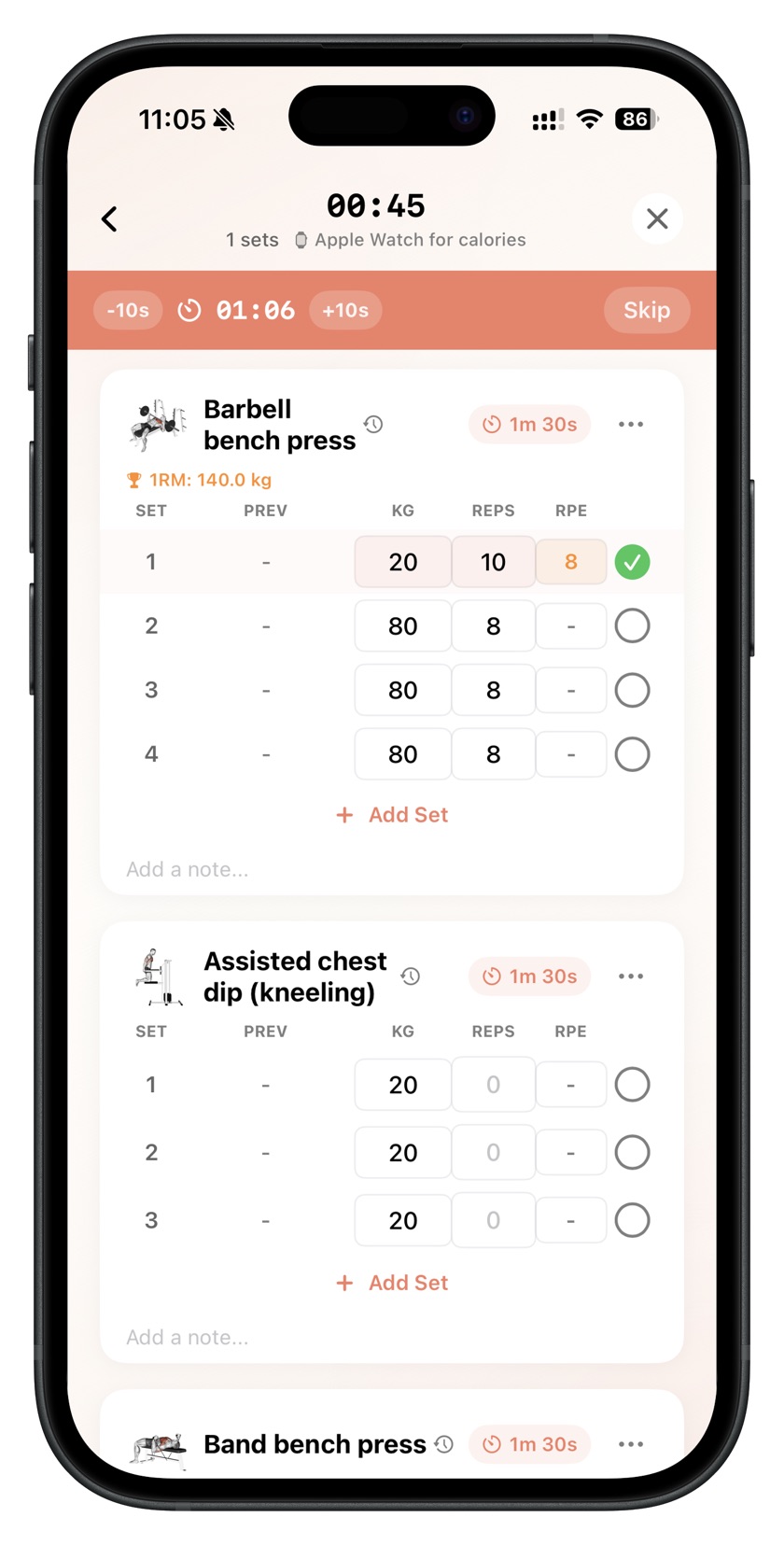 NutraSafe workout tracker showing sets, reps, rest timer and personal bests